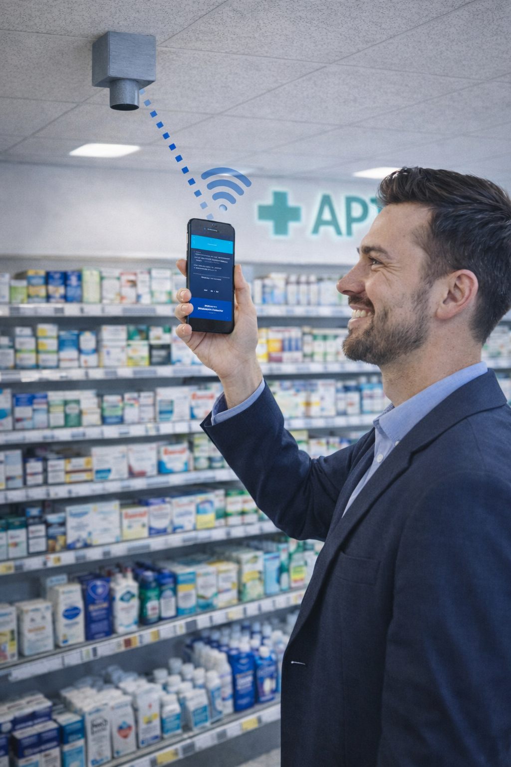 Klient w aptece łączy się z urządzeniem ze smartfona przez WiFi